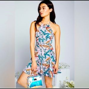 EGGIE | Urban Outfitters lilac pink palm leaf halter fit and flare mini dress